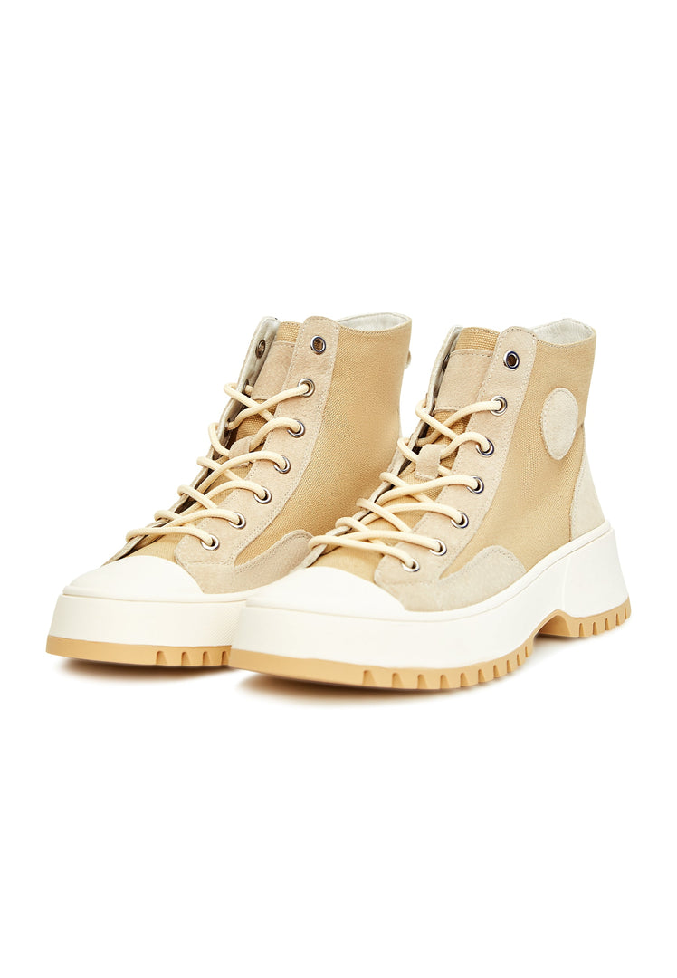 A pair of stylish lace-up high top sneakers featuring a textured design, perfect for casual and trendy outfits.