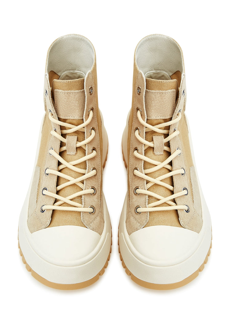 A pair of stylish lace-up high top sneakers with a textured design, perfect for a fashionable casual look.