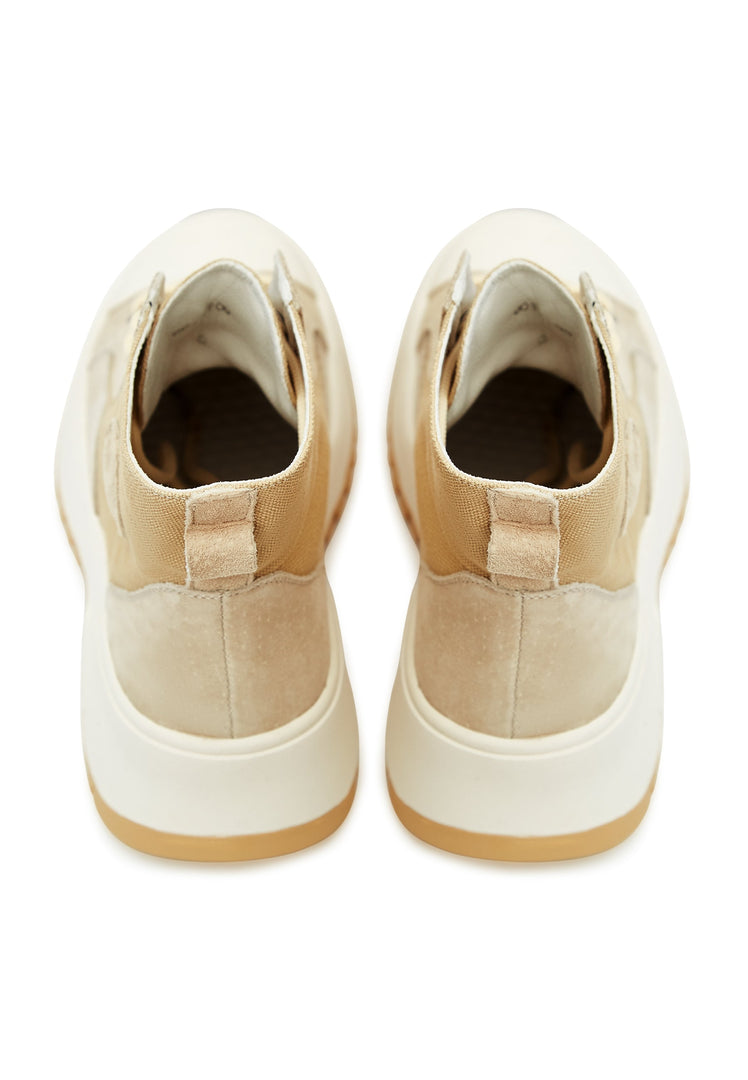 A stylish pair of lace-up high top sneakers with a textured design.