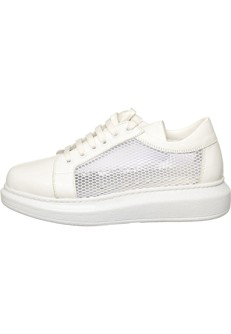 A stylish pair of lace-up white mesh panel sneakers, perfect for all-day comfort and athletic fashion-forward looks.
