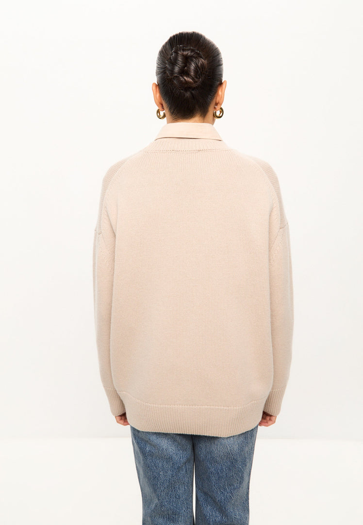 A chic women's classic crew neck beige sweater with a Mulan inspired design, perfect for staying cozy and stylish in the cold weather.