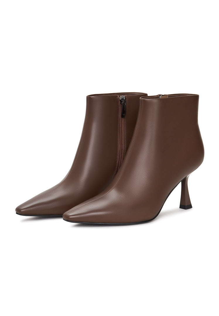 A stylish pair of women's brown stiletto heel ankle boots, known as Amy ankle boots, perfect for any fashionable outfit.