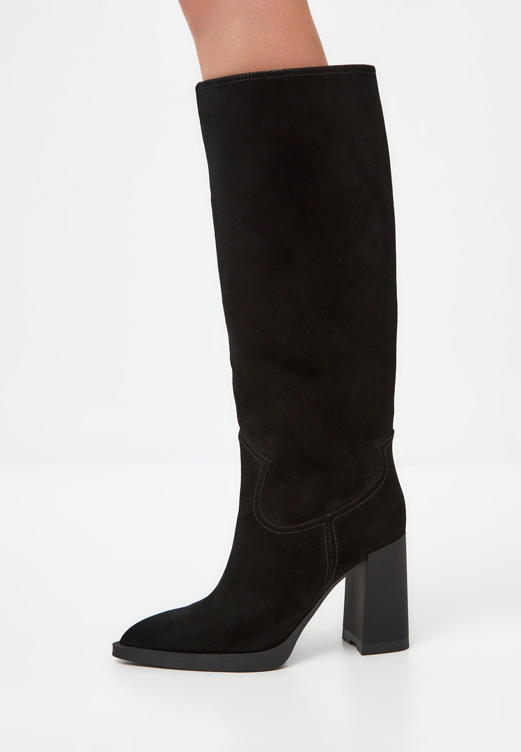 A pair of elegant black knee-high block heel boots, also known as Bambi boots, perfect for a chic and stylish look.