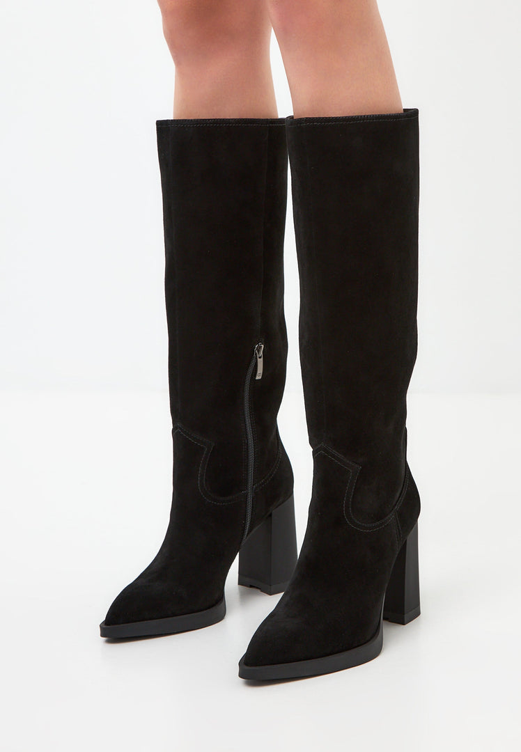 A stylish pair of black knee-high block heel boots, perfect for a chic and elegant look, also known as Bambi boots.