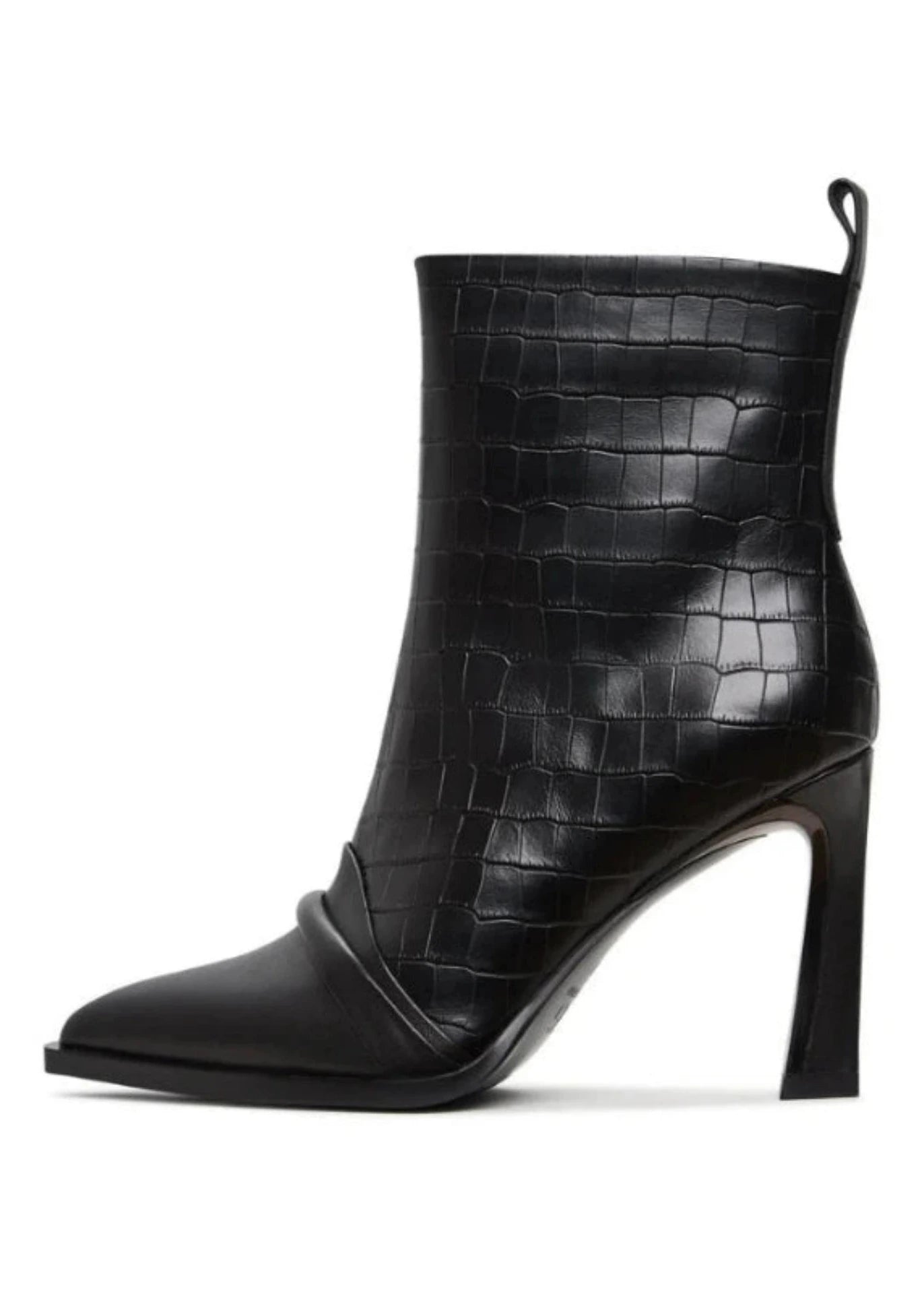 A pair of stylish women's black ankle boots with high heels, known as Tiana black boots, perfect for any fashion-forward outfit.