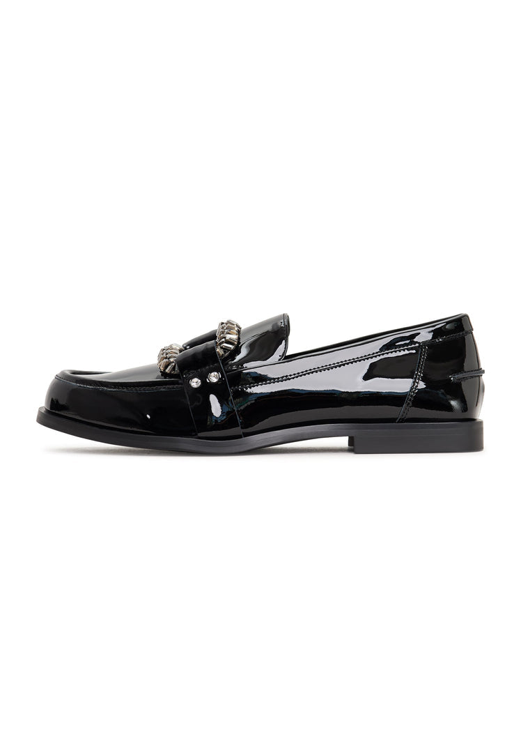 Stylish black patent loafers with crystal embellishments from Bagheera for a touch of elegance and sophistication.
