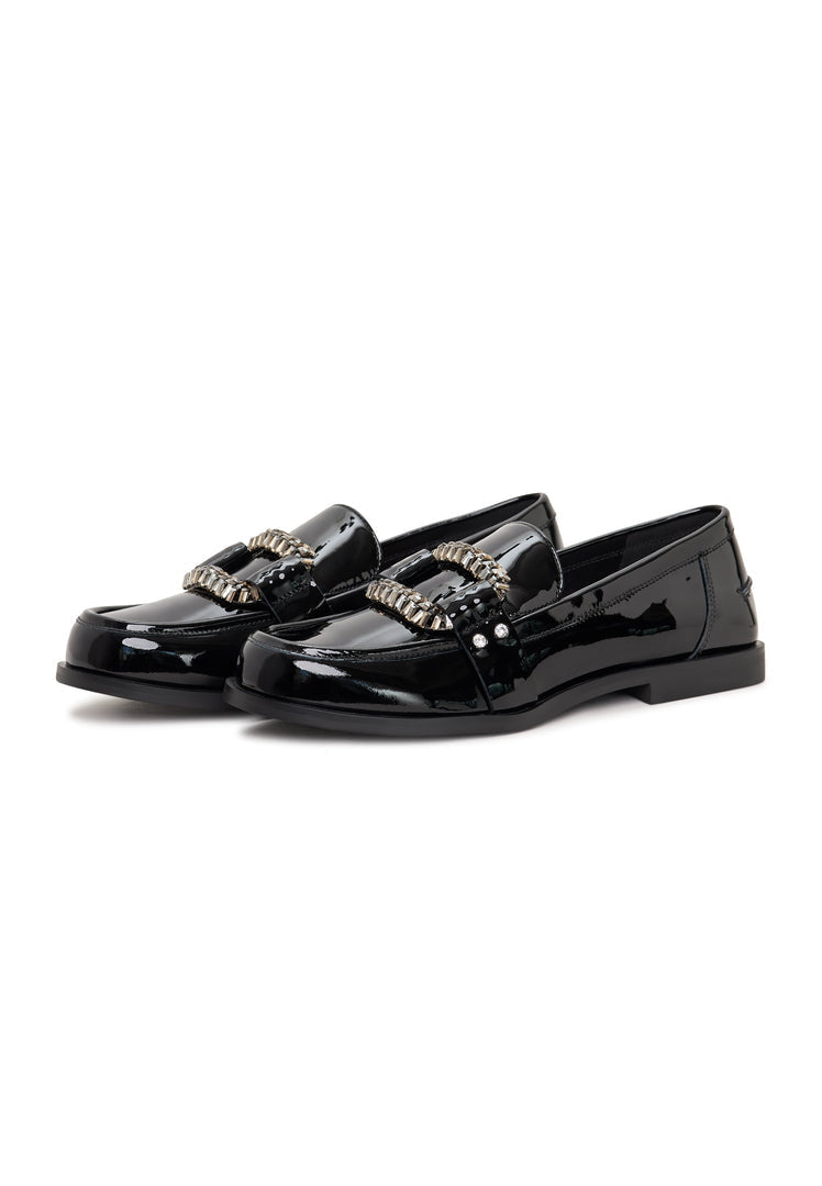 A stylish pair of black patent loafers with crystal embellishments, known as Bagheera loafers, perfect for adding a touch of sparkle to any outfit.