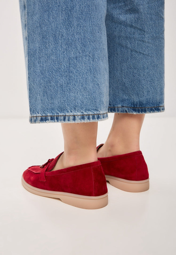 A stylish pair of Bordeaux platform moccasins by Aurelia Shoes, the perfect choice for fashionable women's footwear.