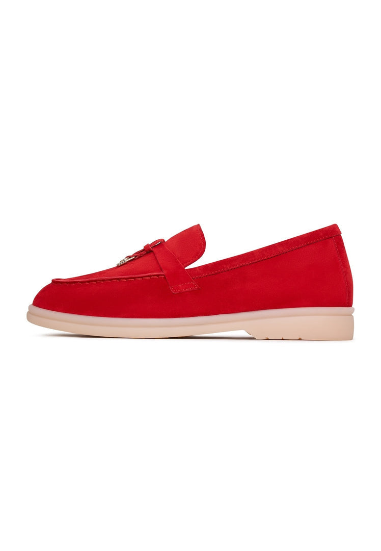 Stylish red platform moccasins featuring the Aurelia design, perfect for adding a pop of color to your outfit.