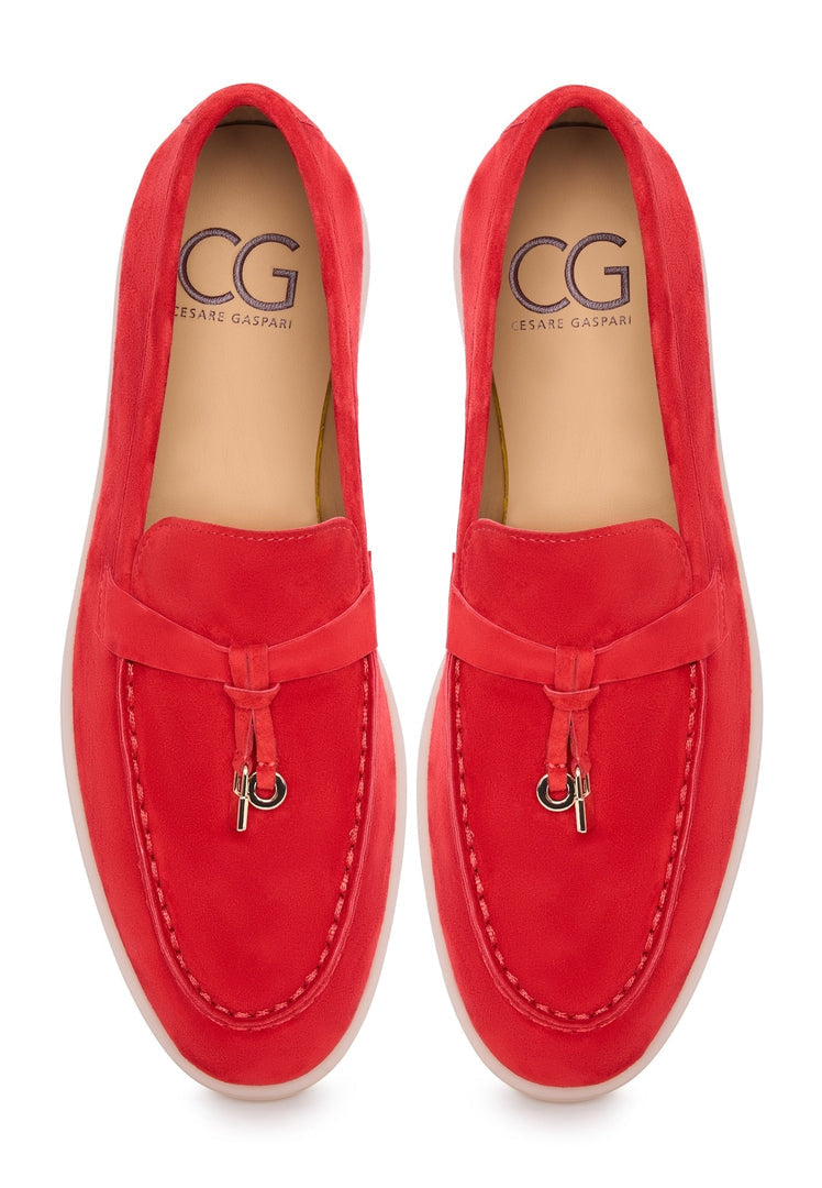 Stylish red platform moccasins, also known as Aurelia moccasins, unique red moccasin shoes with a platform sole, perfect for a fashionable look.