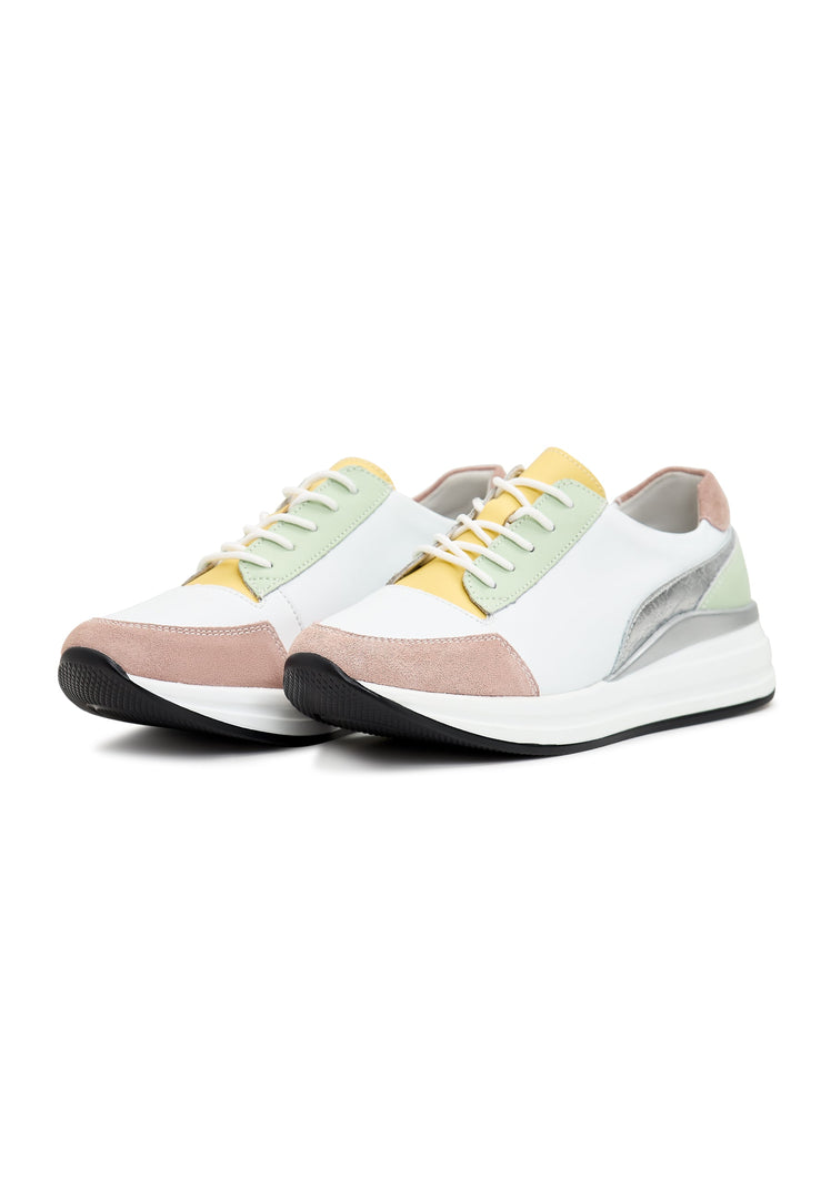 A stylish pair of white leather sneakers with Eva sole, perfect for casual and fashion-forward looks in leather footwear.