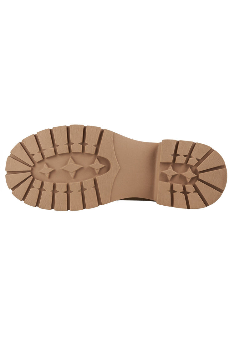 A pair of stylish women's beige leather platform loafers, perfect for adding a touch of sophistication to any outfit.