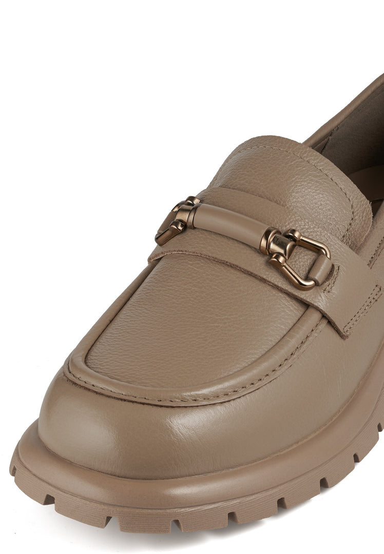 A stylish pair of beige leather platform loafers, perfect for women looking for trendy and comfy beige loafers.