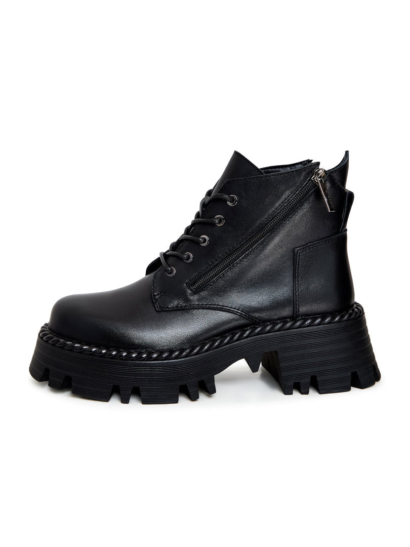 "Black lace-up ankle boots with a stylish and fashionable design"