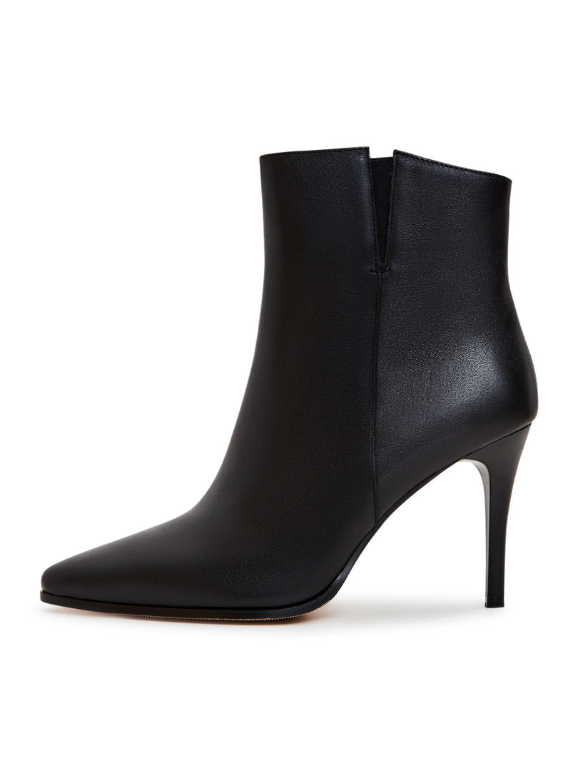 A stylish pair of black leather heeled boots with elevated heels, perfect for those looking for high heel boots as fashionable footwear.