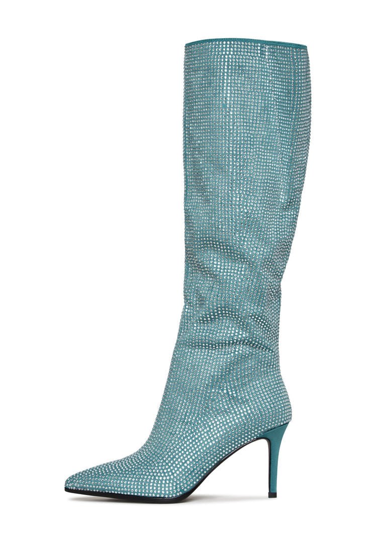 A pair of stunning blue jewel stiletto knee-high boots, also known as Mili boots, featuring elegant stiletto heels.