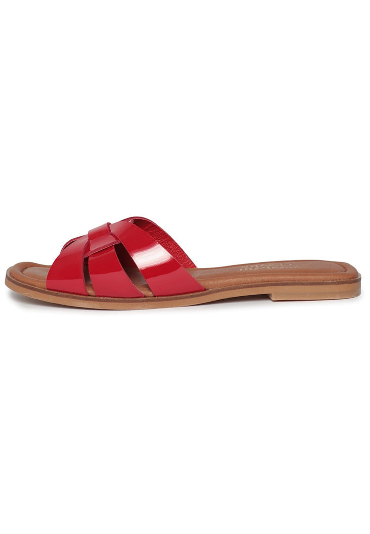 A stylish pair of women's red slides in a glossy weave design, perfect for summer outings and adding a pop of color to your outfit.
