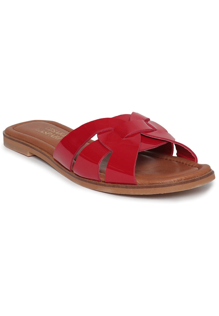 A stylish pair of women's red slide sandals with a glossy weave design perfect for your summer outings.