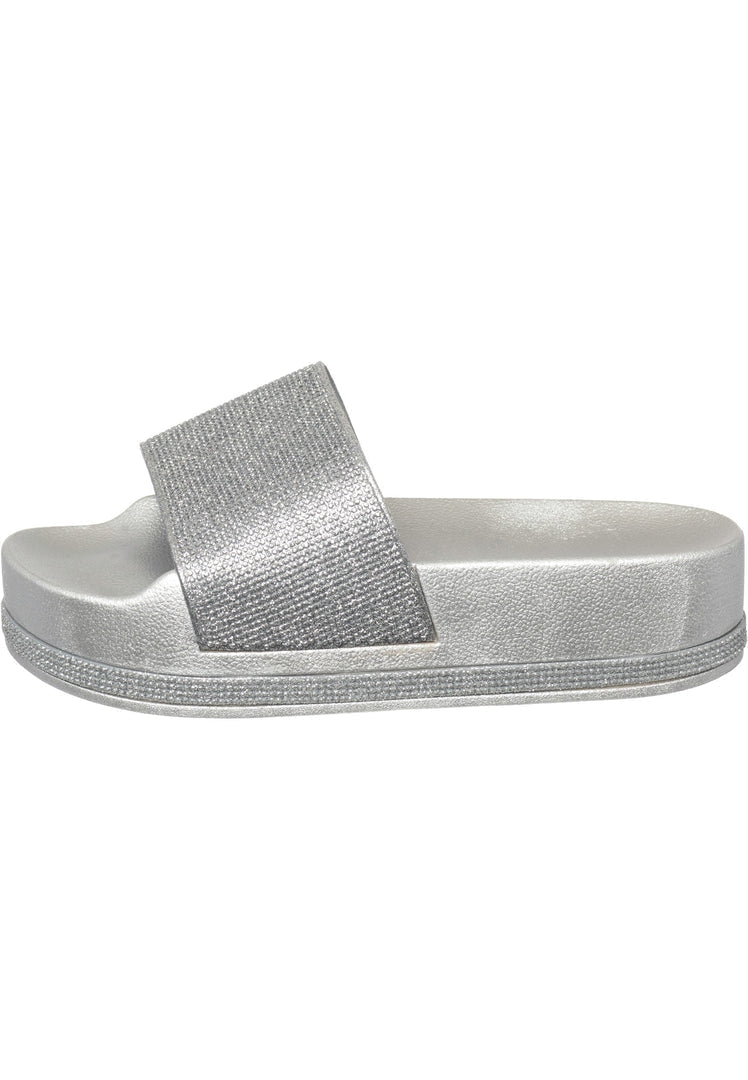 A trendy pair of silver platform flip flops, perfect for fashionable women's footwear.