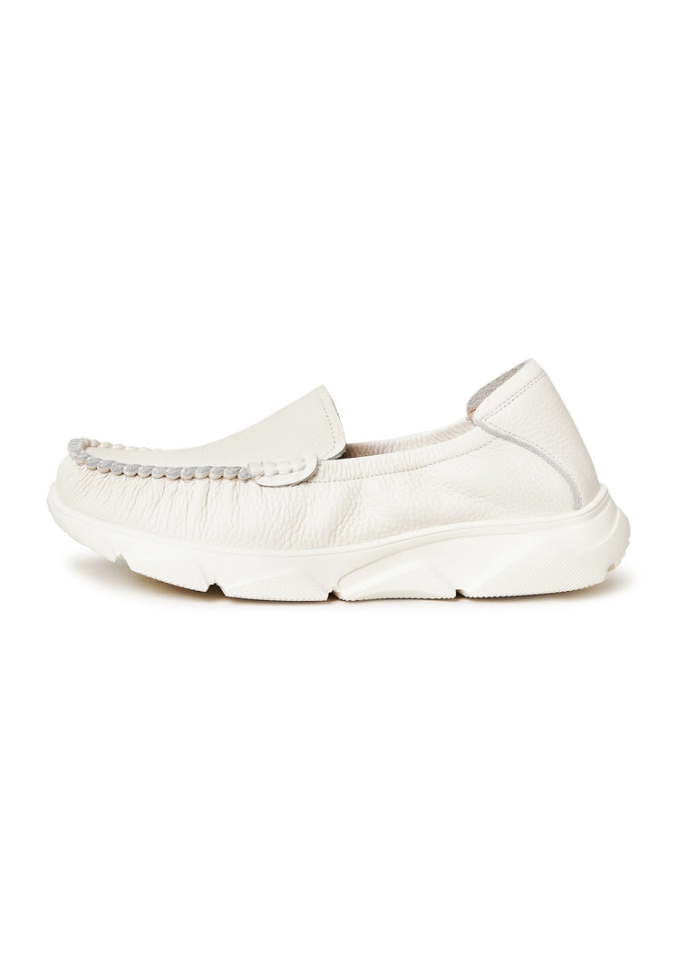 A stylish pair of white leather Alisa platform moccasins, perfect for trendy women's footwear looks.