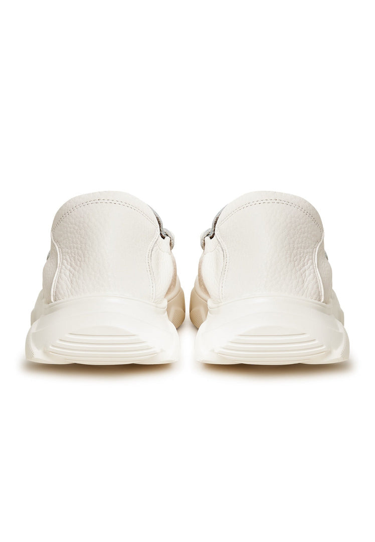 A stylish pair of white leather platform moccasins, known as the Alisa moccasins, perfect for fashion-forward women.