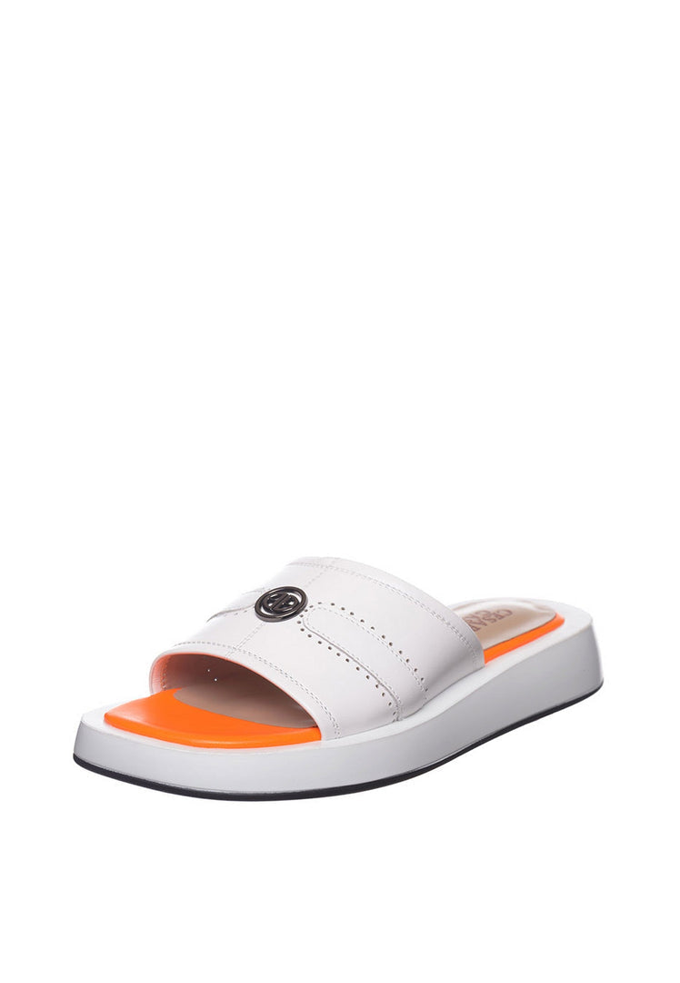 A fashionable pair of open toe leather designer sandals for women, perfect for summer.