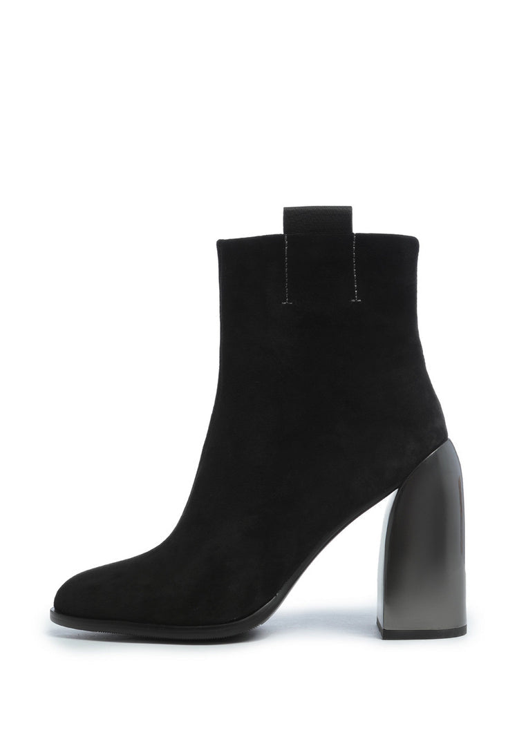 A pair of stylish black suede ankle boots with a square heel, perfect for women's fashion.
