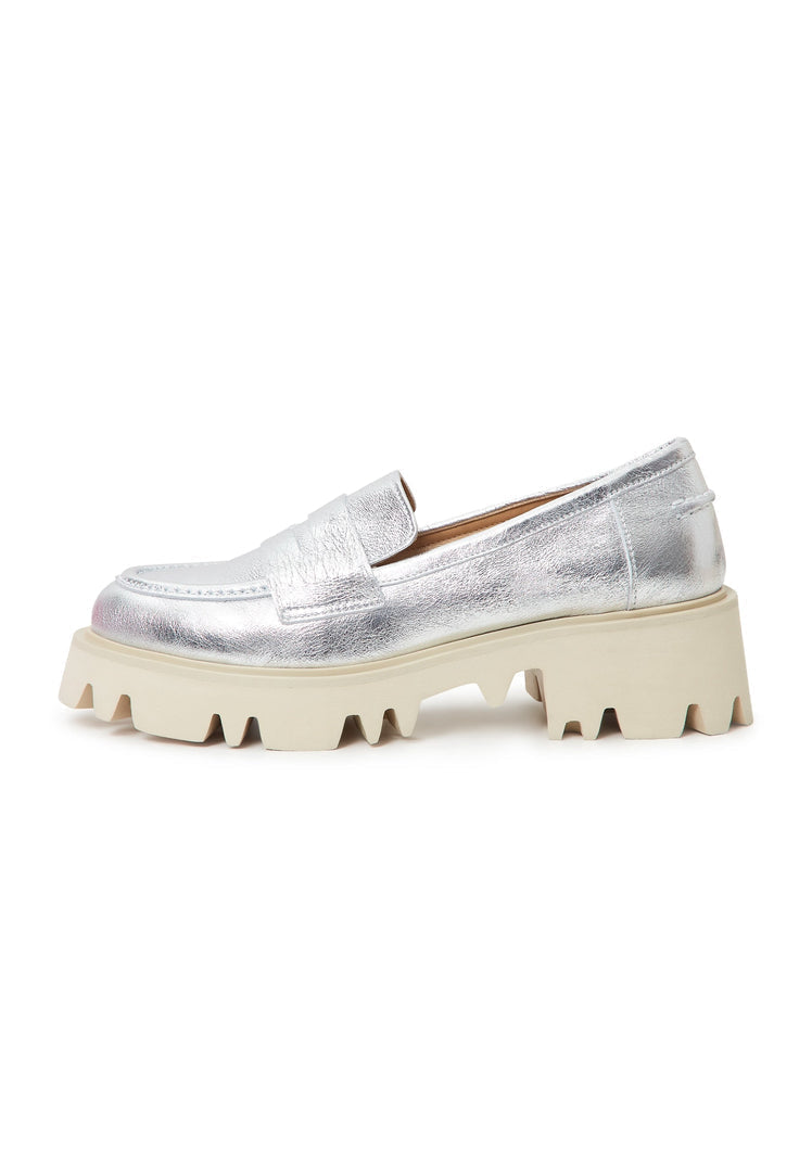 A stylish pair of chunky silver platform loafers for women - the perfect fashion statement.