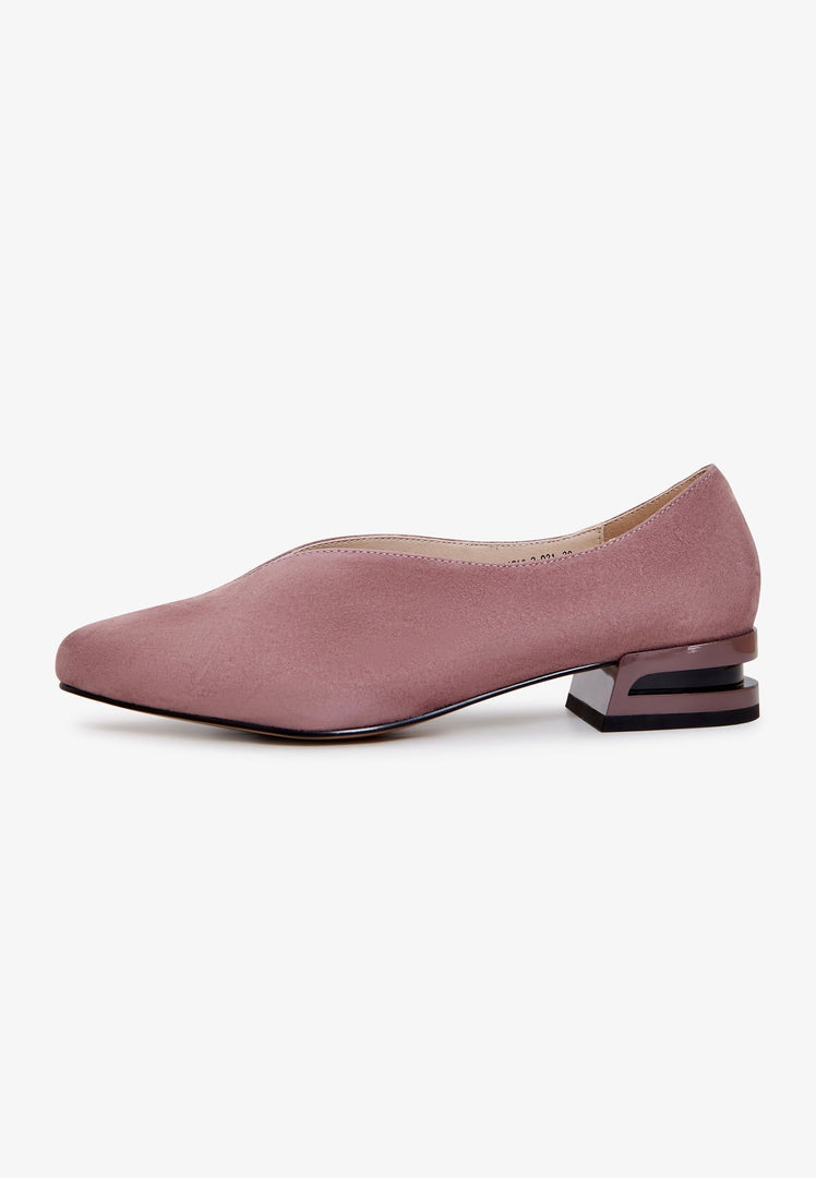 A stylish pair of pink suede pointed tip ballerinas for women's footwear, perfect fashion flats for any occasion.