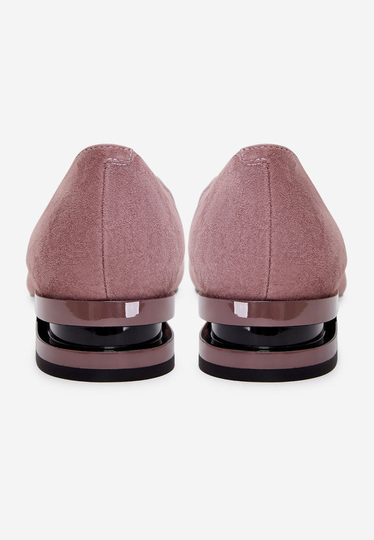 A pair of stylish pointed tip suede ballerinas in pink, perfect women's footwear for a trendy and comfortable fashion flats look.