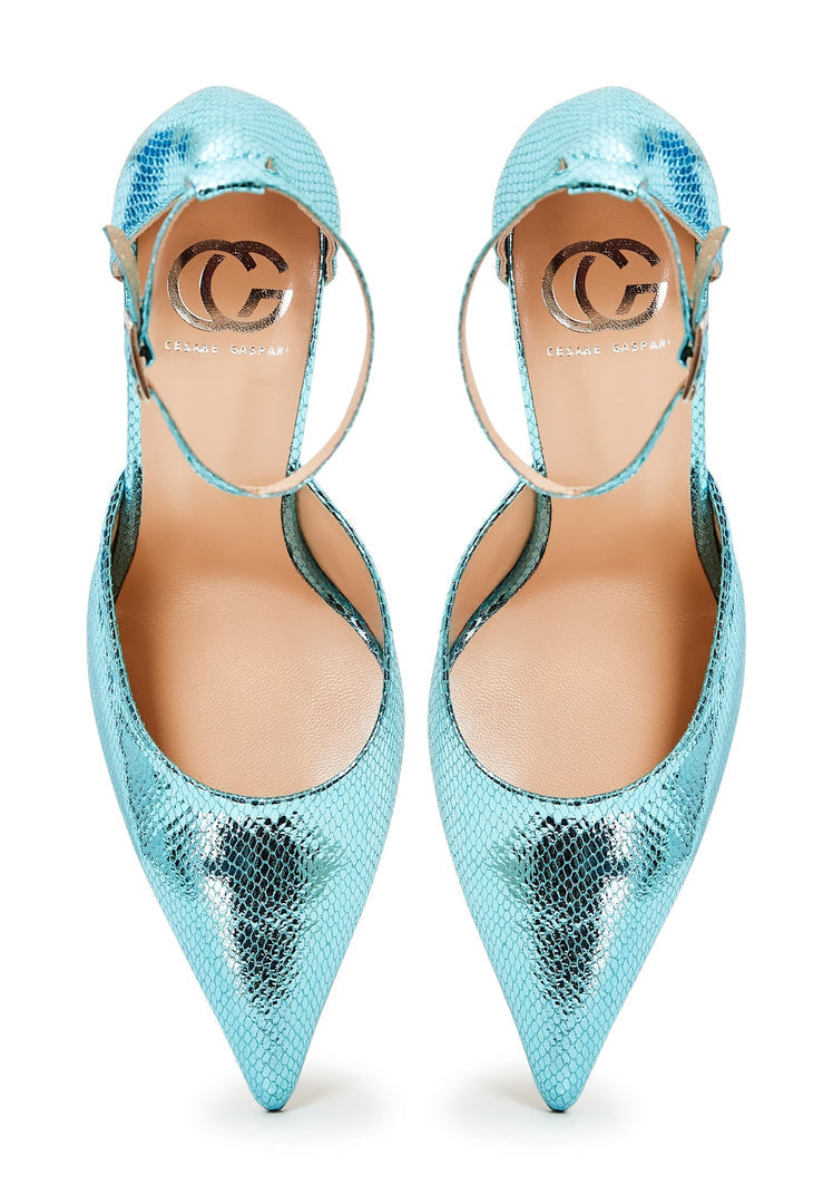 A pair of luxurious blue designer high heel pumps, perfect for those seeking luxury footwear with an elegant touch.
