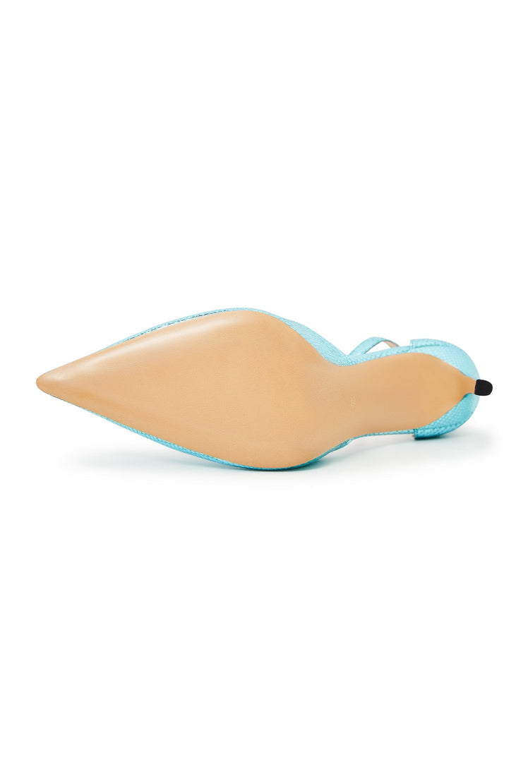 A pair of luxurious blue designer high heel pumps, showcasing elegant and stylish luxury footwear.