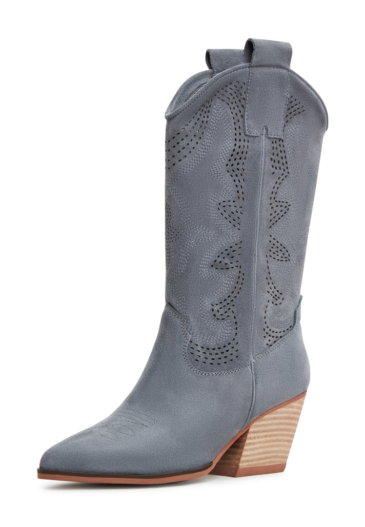 A stylish pair of Mariana Grey Suede Cowboy Boots, perfect for women who love western fashion.