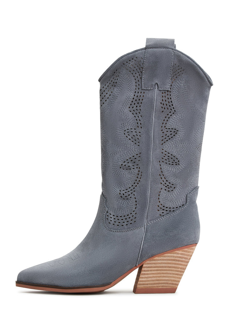A stylish pair of Mariana grey suede cowboy boots, perfect for women looking for trendy grey western boots.