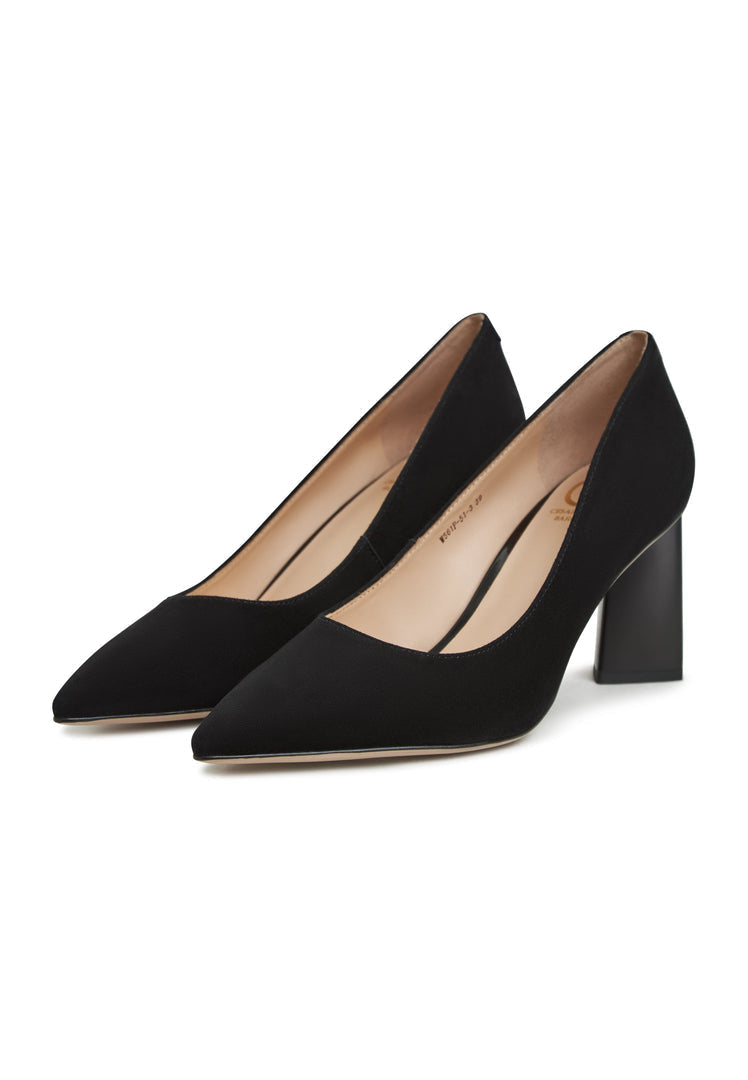 A stylish pair of black chunky heels pumps, also known as Silvia pumps, perfect for women's fashion.