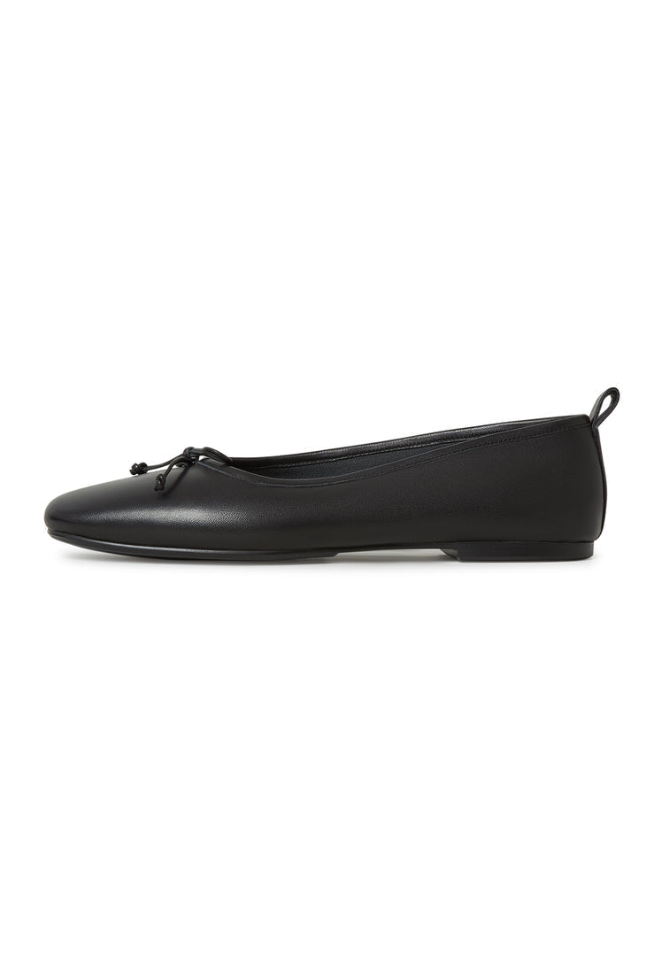 A stylish pair of black leather ballerina shoes for women, featuring the Mila design.