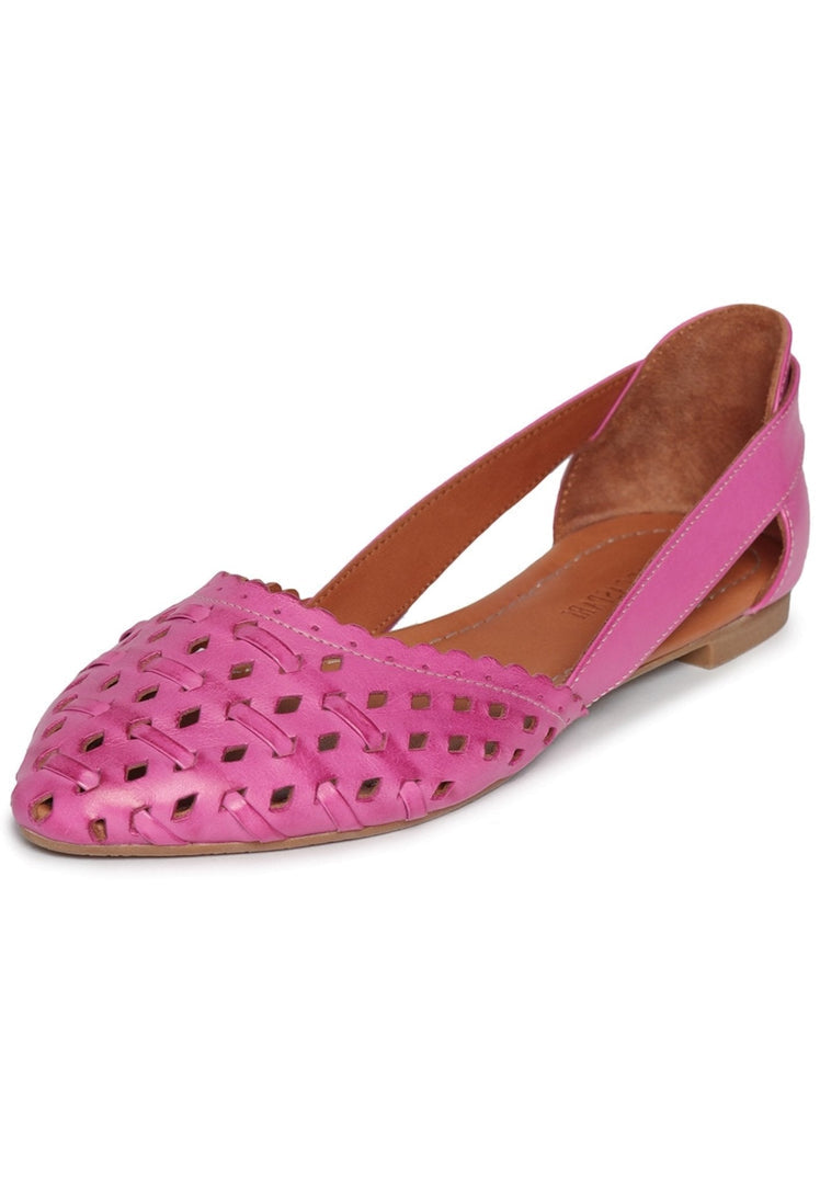 A pair of stylish pink leather ballerinas for women, featuring a classic design with unique leather cut detailing.
