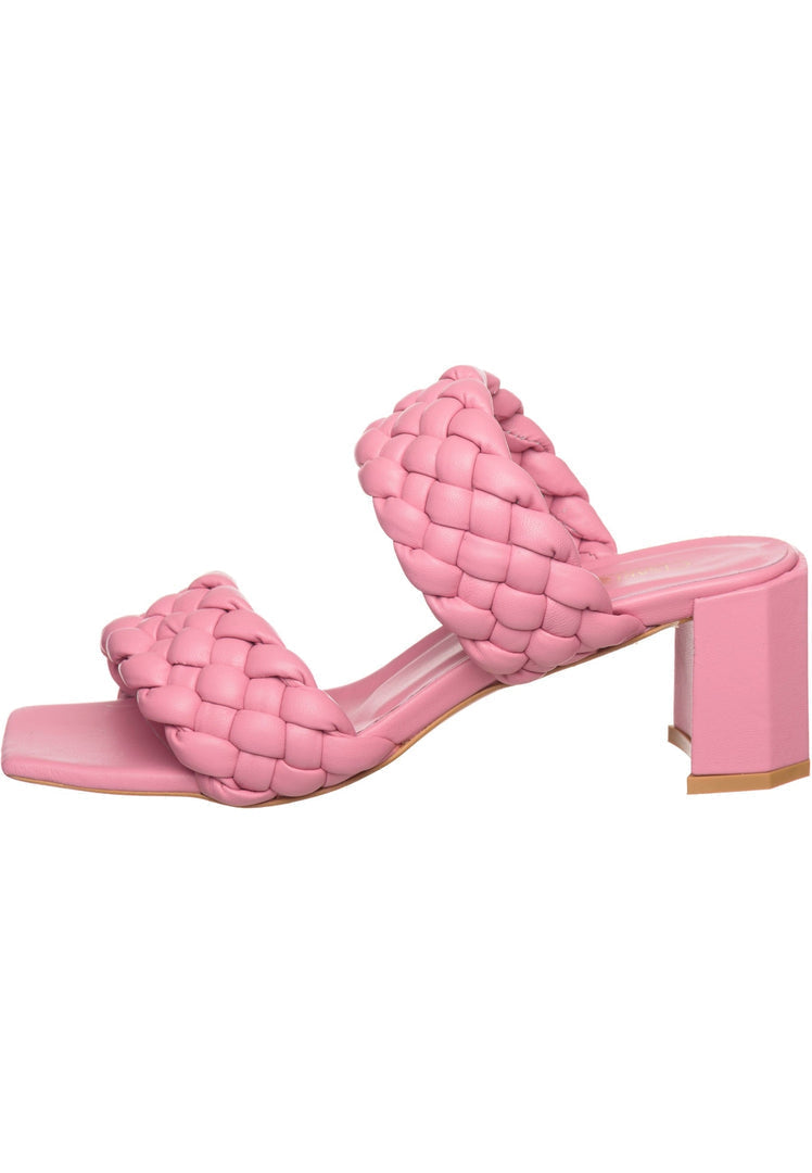 A stylish pair of pink braided heeled sandals for women, perfect for summer outings.