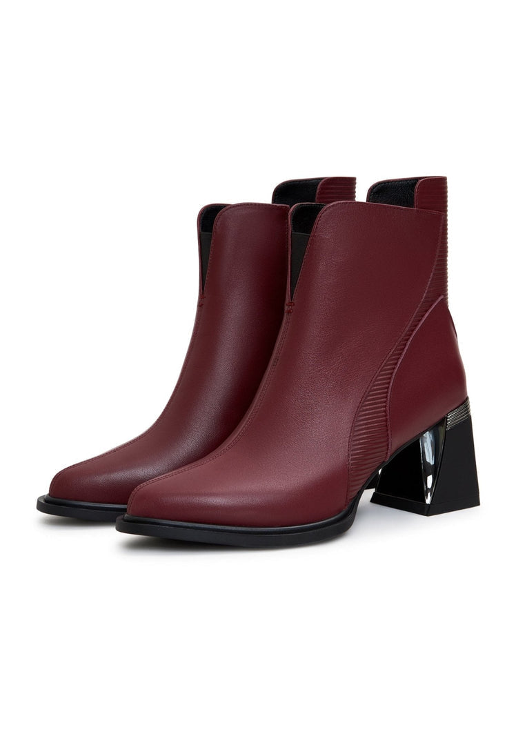 A stylish pair of Bordeaux block heel ankle boots, perfect for women's fall fashion - trendy and chic.