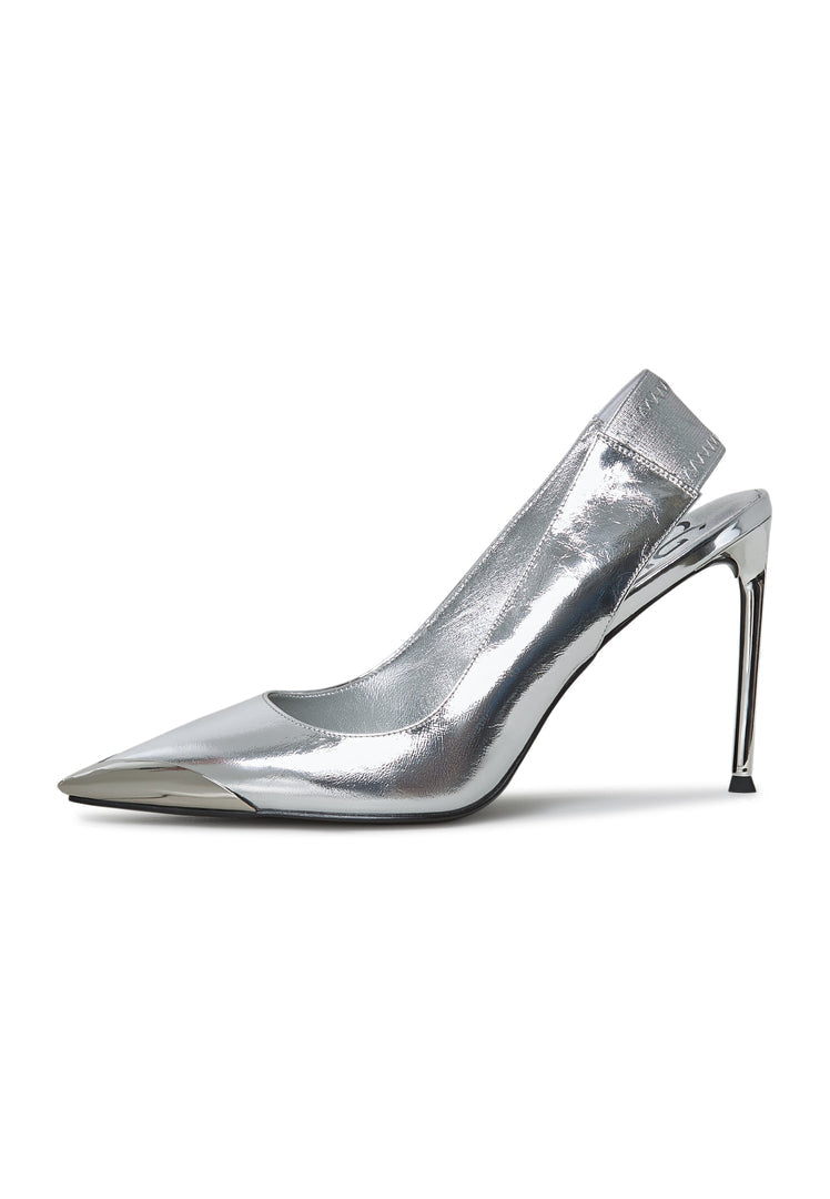A stylish pair of silver Patricia pumps, women's high heel shoes featuring slingback design perfect for any occasion.