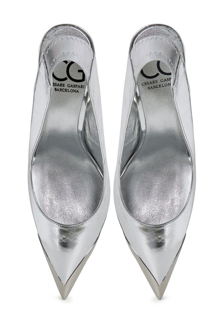 A pair of stylish silver Patricia slingback high heeled pumps, perfect for any outfit - women's high heel shoes.