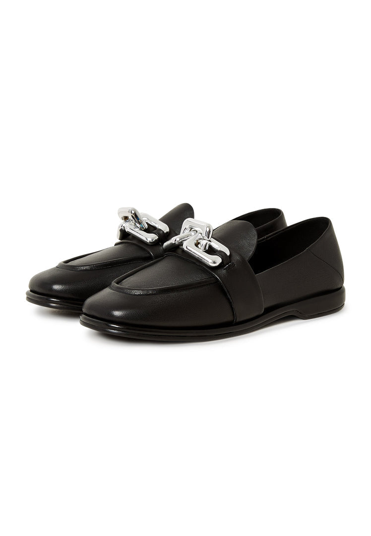 A stylish pair of women's Valeria black platform loafers, perfect for adding height and edge to any outfit.