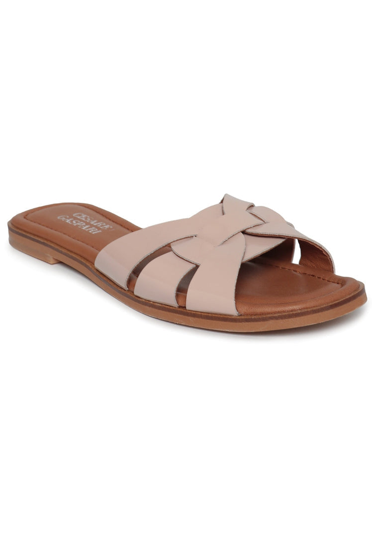 A trendy pair of beige slides with a glossy weave design, perfect for stylish summer footwear.
