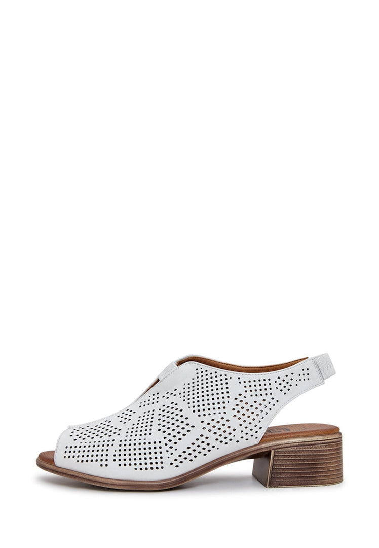 A fashionable pair of classic block heeled sandals in white leather, perfect for women's summer outfits.