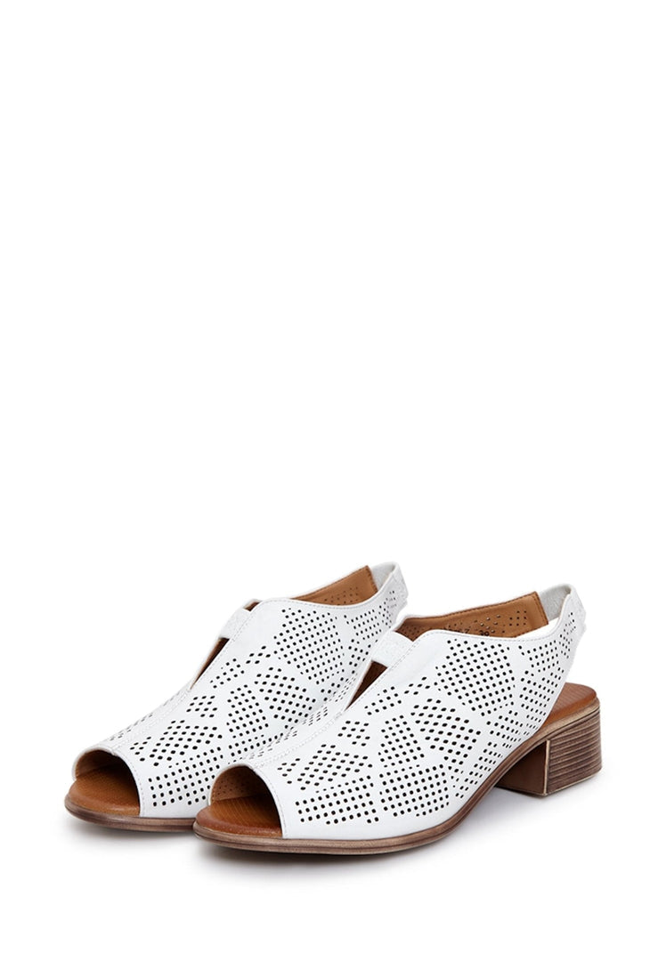A stylish pair of classic white leather block heeled sandals for women, perfect for any occasion.