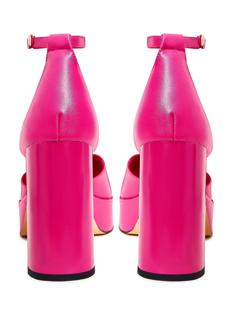 A pair of fuchsia high heel sandals with open toes, perfect for a classic and stylish look in women's footwear.