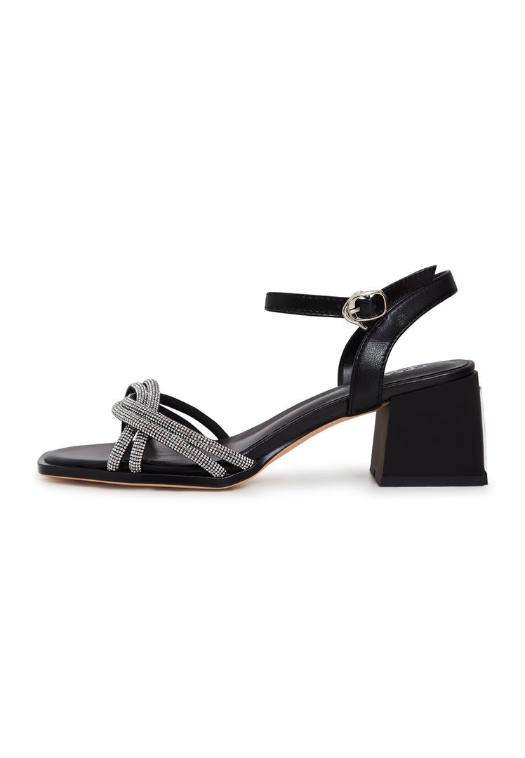 A stylish pair of black Andrea open toe sandals with leather block heels, perfect for any occasion.