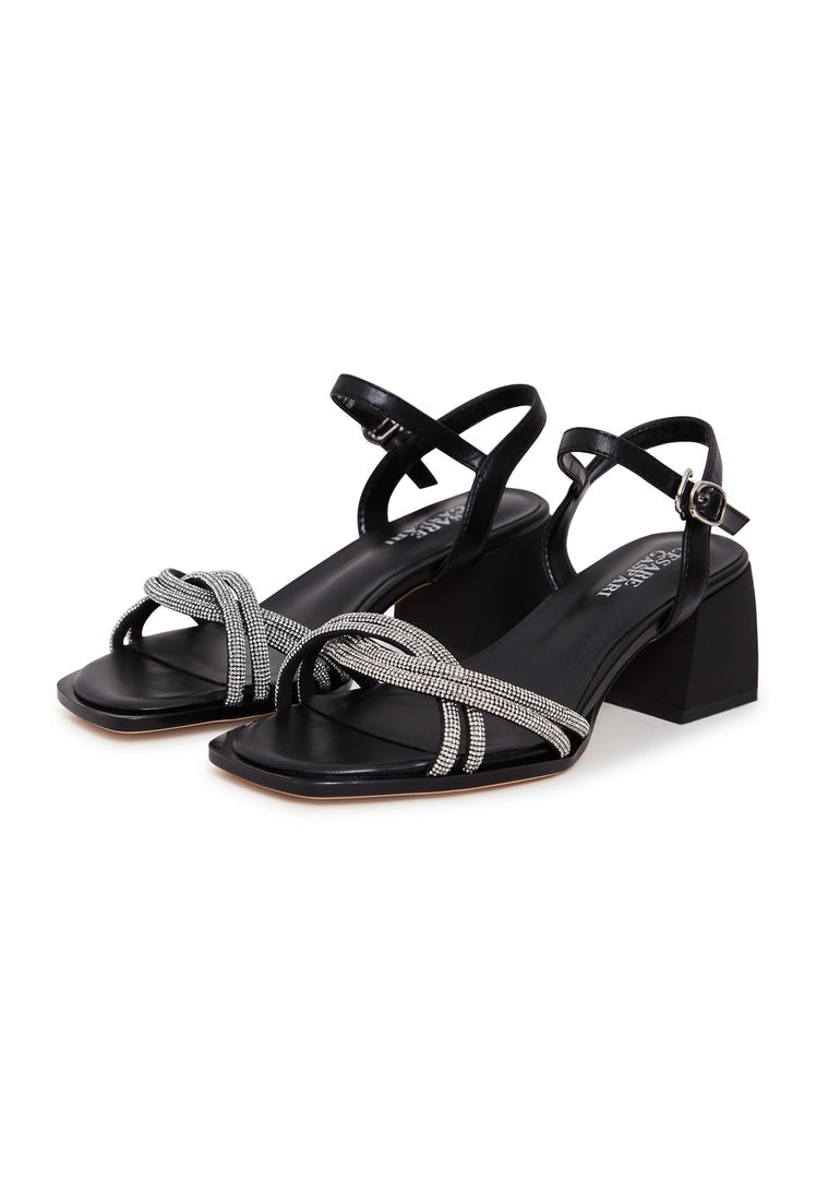 A stylish pair of black leather block heel high heel sandals with an open toe design, featuring the Andrea sandals.