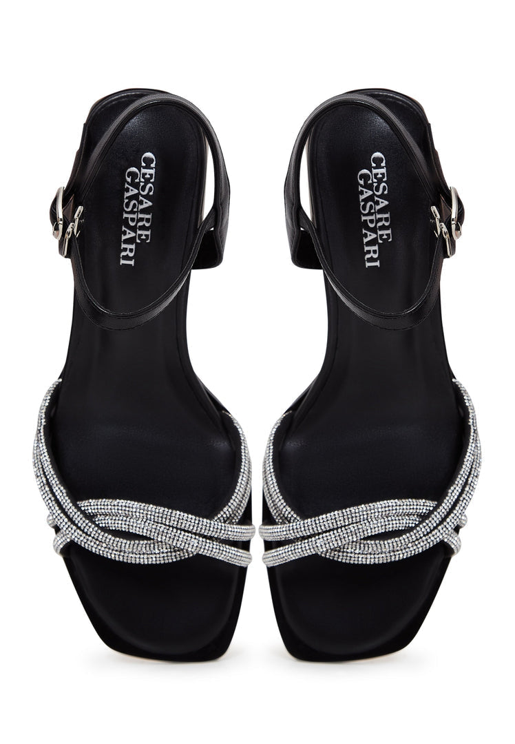 A stylish pair of black leather block heel high heel sandals with open toes, a must-have for any wardrobe, featuring the Andrea design.