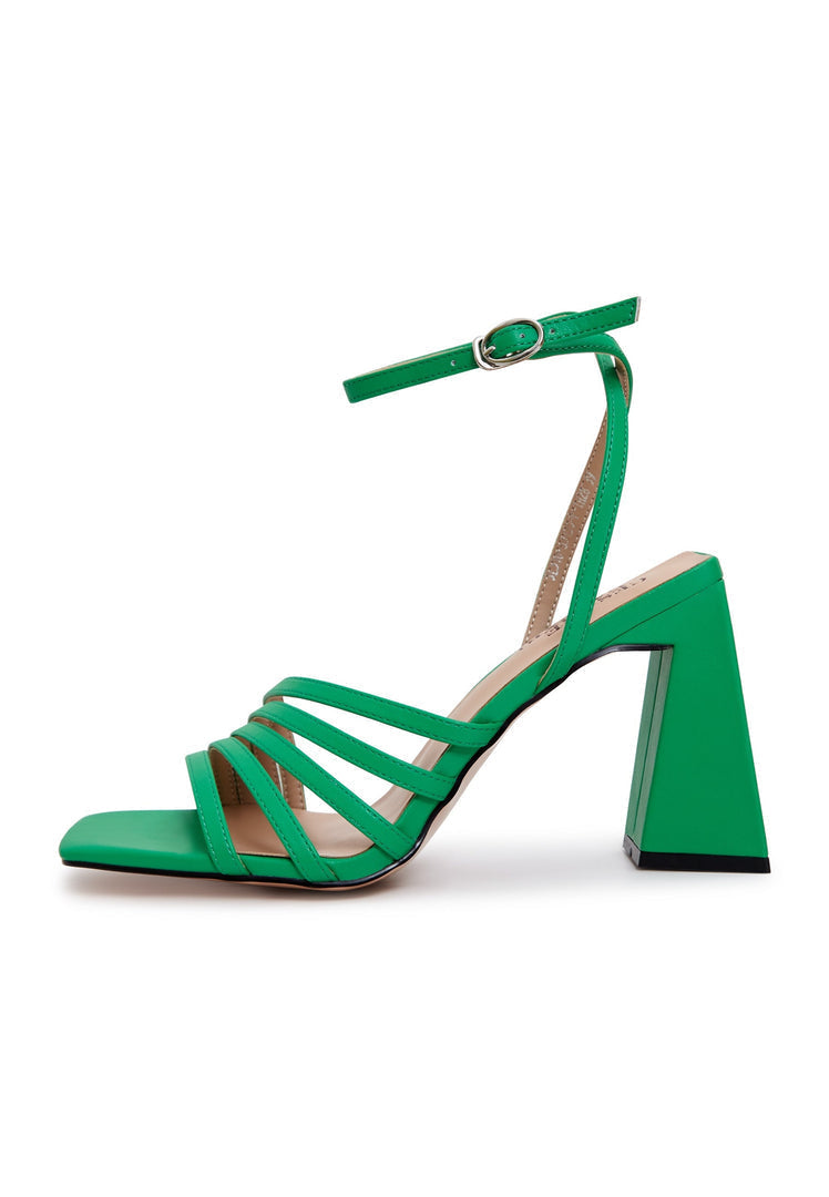 A pair of trendy green chunky comfort sandals, ideal as comfortable and stylish summer footwear.